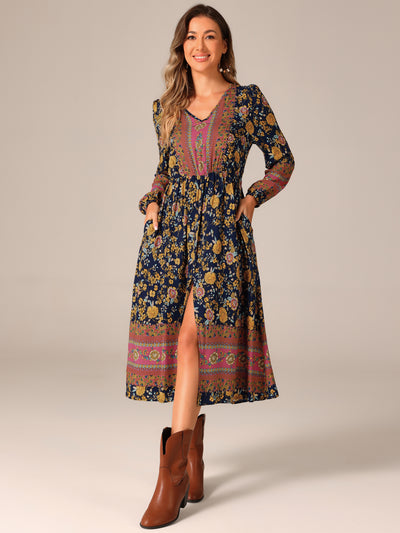 Allegra K Boho Floral Long Sleeves Pocketed Slit A-Line Midi Dress