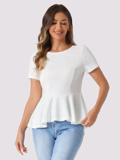 Short Sleeve Round Neck Solid Color Peplum Blouse