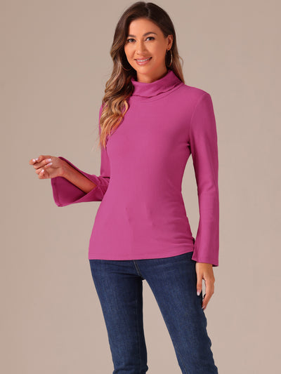 Casual Turtle Neck Split Long Sleeves Basic Tee Top