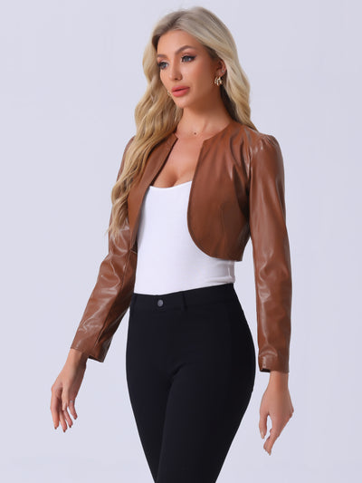 PU Bolero Open Front Leather Cropped Long Sleeve Cardigan