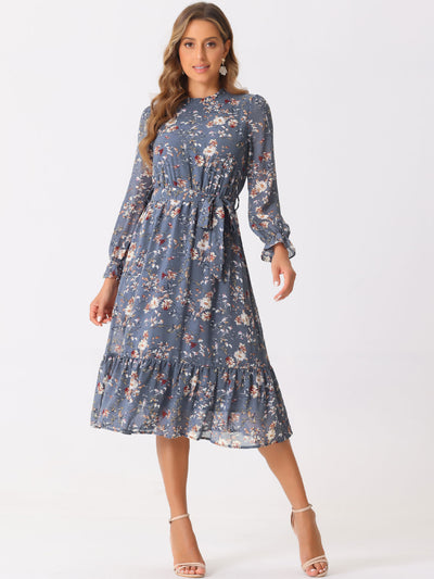 Floral Long Sleeve Belted Flowy Chiffon Midi Dress