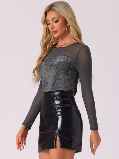 Allegra K Shiny Mesh Glitter Round Neck Long Sleeve Sparky Blouse