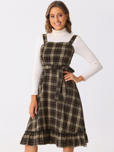 Plaid Ruffled Sleeveless Tie Waist A-Line Pinafore Overall Dress