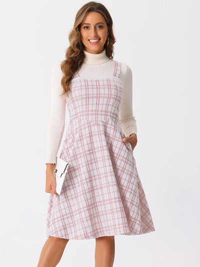 Tweed Plaid Sleeveless Pockets A-Line Pinafore Overall Dress