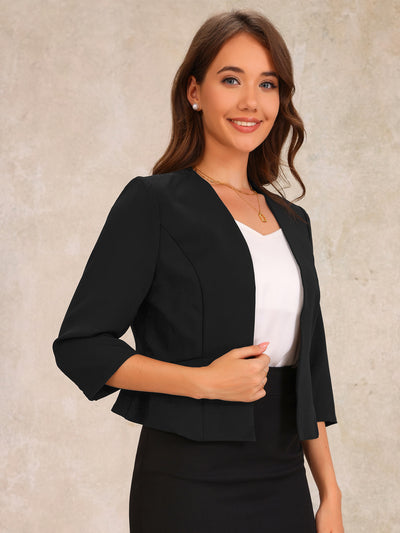 Open Front Collarless 3/4 Sleeve Peplum Cropped Jacket