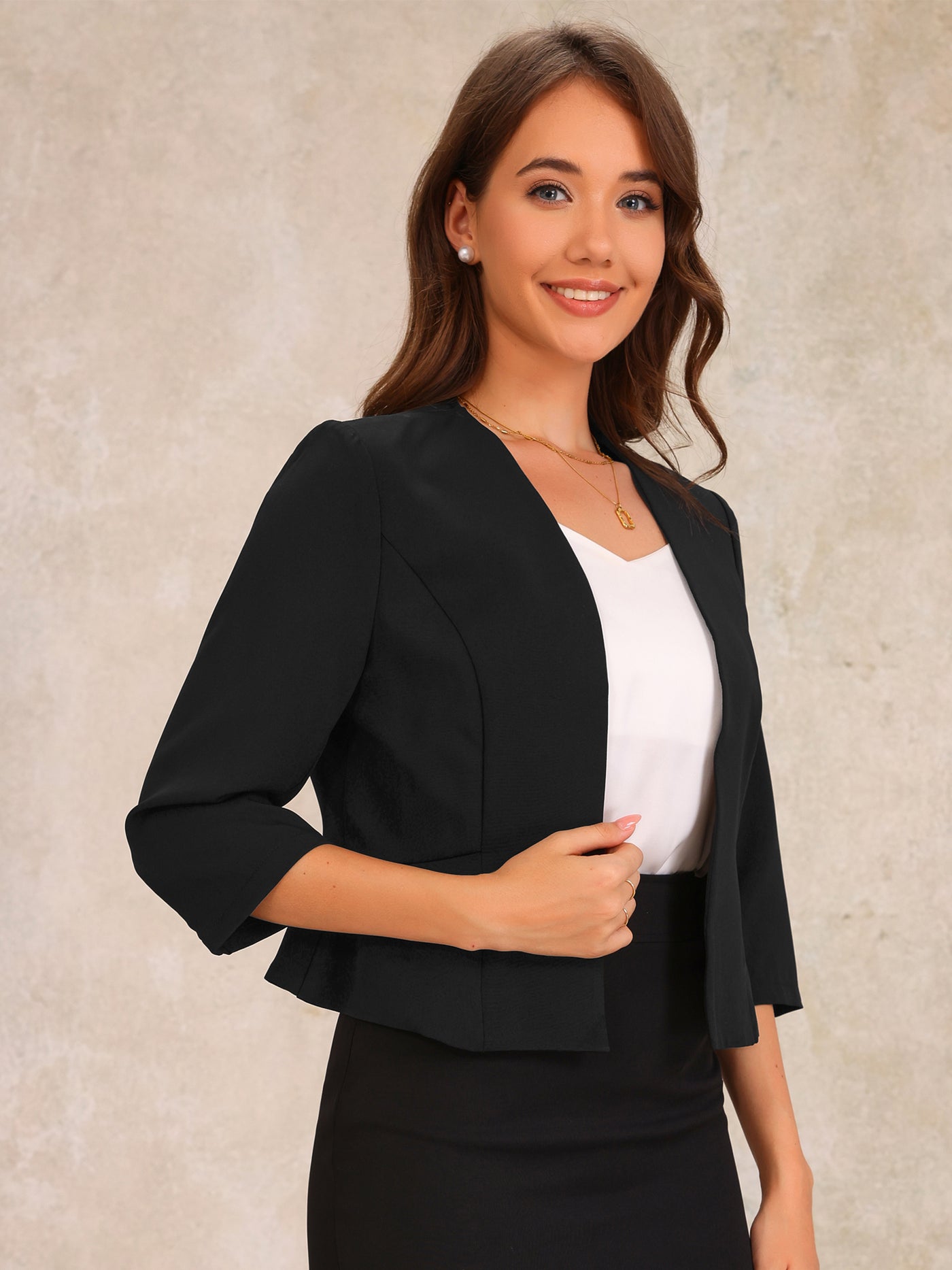 Allegra K Open Front Collarless 3/4 Sleeve Peplum Cropped Jacket