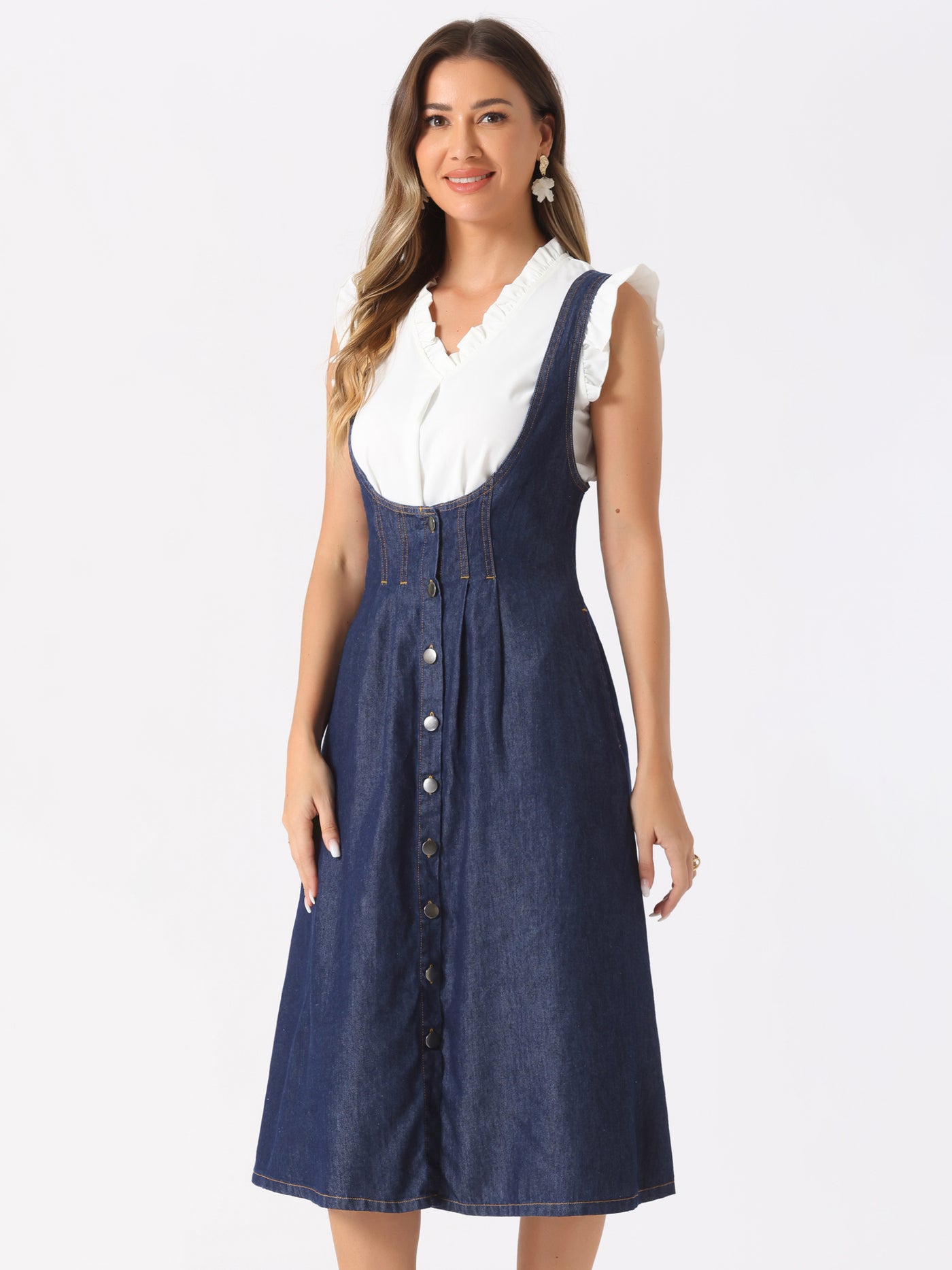 Allegra K Suspender Dress Button Front Classic U Neck Overall Denim Midi Dress with Pockets