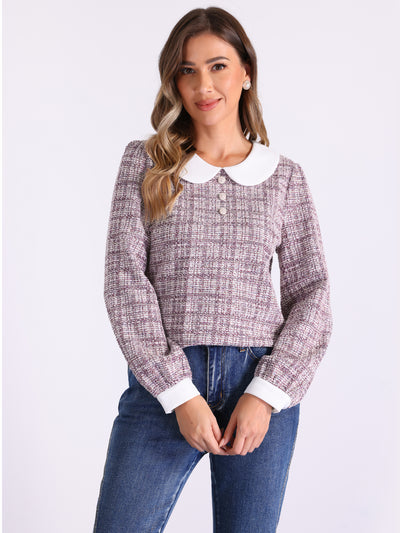 Allegra K Tweed Button Decor Peter Pan Collar Long Sleeve Blouse