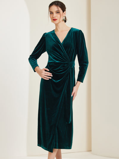 Velvet Long Sleeves Solid Ruched Midi Cocktail Dress