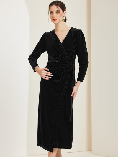 Velvet Long Sleeves Solid Ruched Midi Cocktail Dress