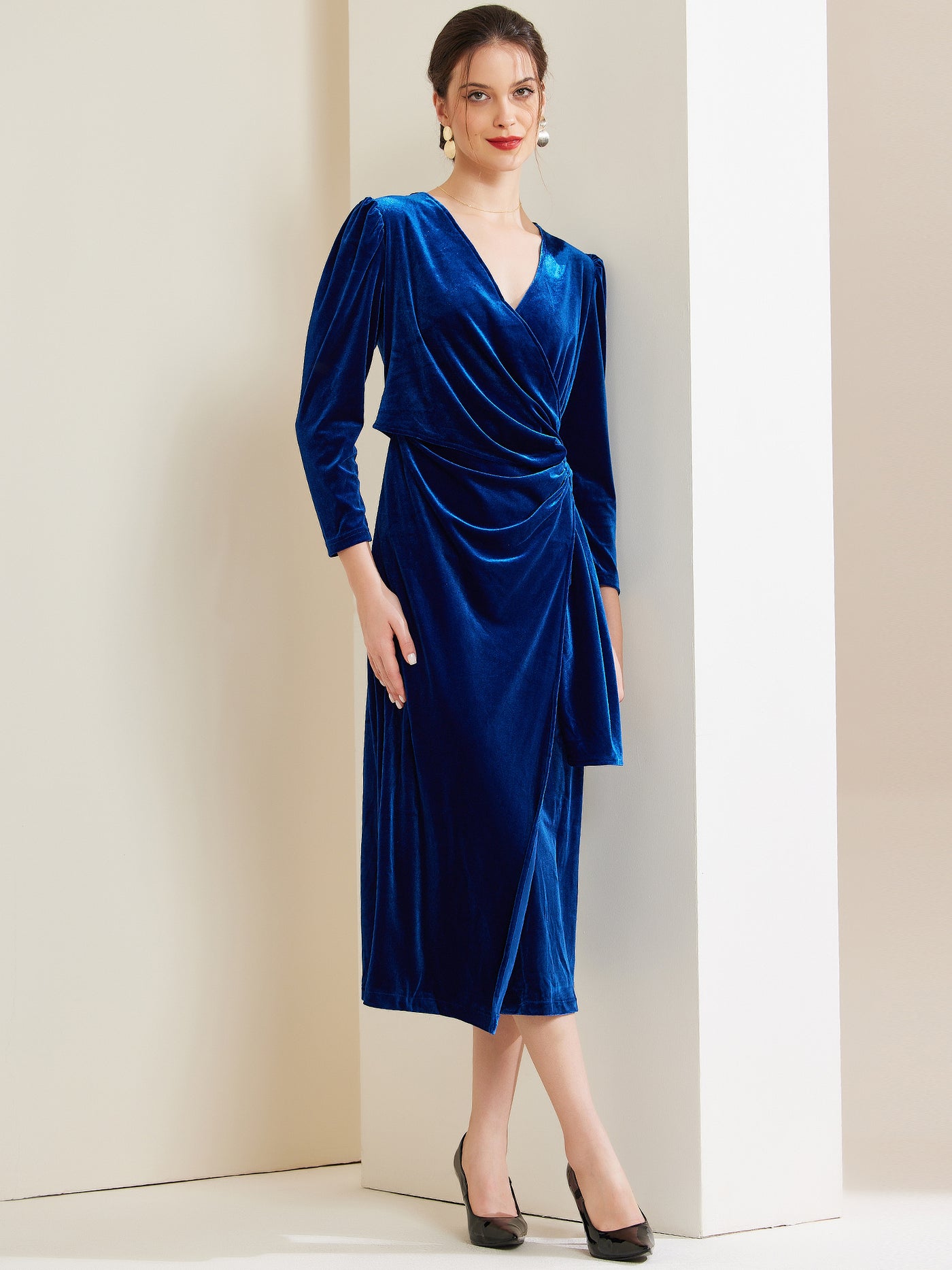 Allegra K Velvet Long Sleeves Solid Ruched Midi Cocktail Dress