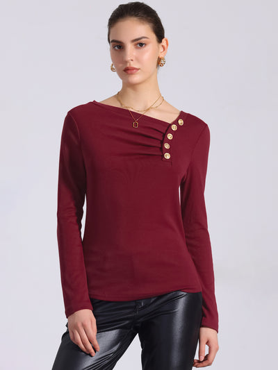 Asymmetrical Neck Button Decor Long Sleeve Ruched Casual Top