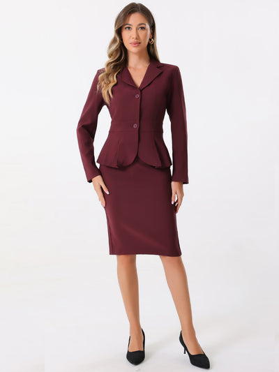 Long Sleeve Notched Lapel Peplum Blazer Pencil Skirt 2 Piece Set