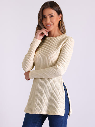 Long Sleeve Split Hem Crew Neck Textured Tunic Top