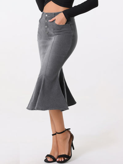 Fishtail Denim Button Pockets Distressed Midi Skirt