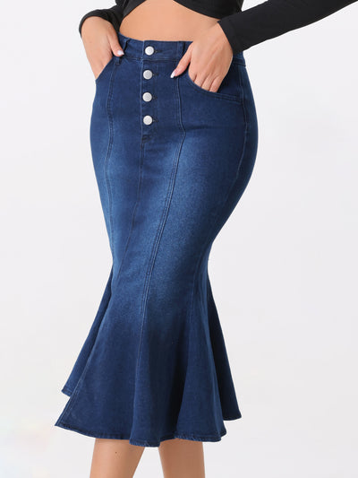 Fishtail Denim Button Pockets Distressed Midi Skirt