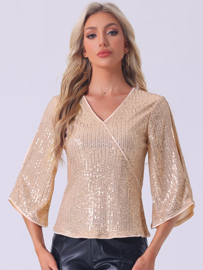 Allegra K Sequin Cut-Out 3/4 Sleeve V Neck Sparkly Blouse