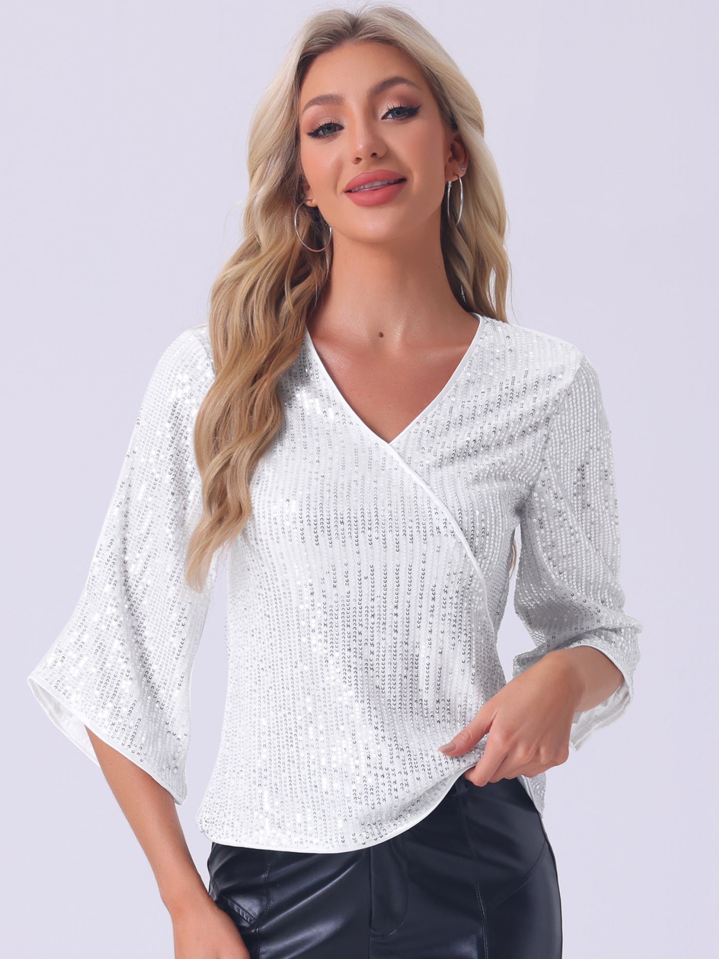 Allegra K Sequin Cut-Out 3/4 Sleeve V Neck Sparkly Blouse