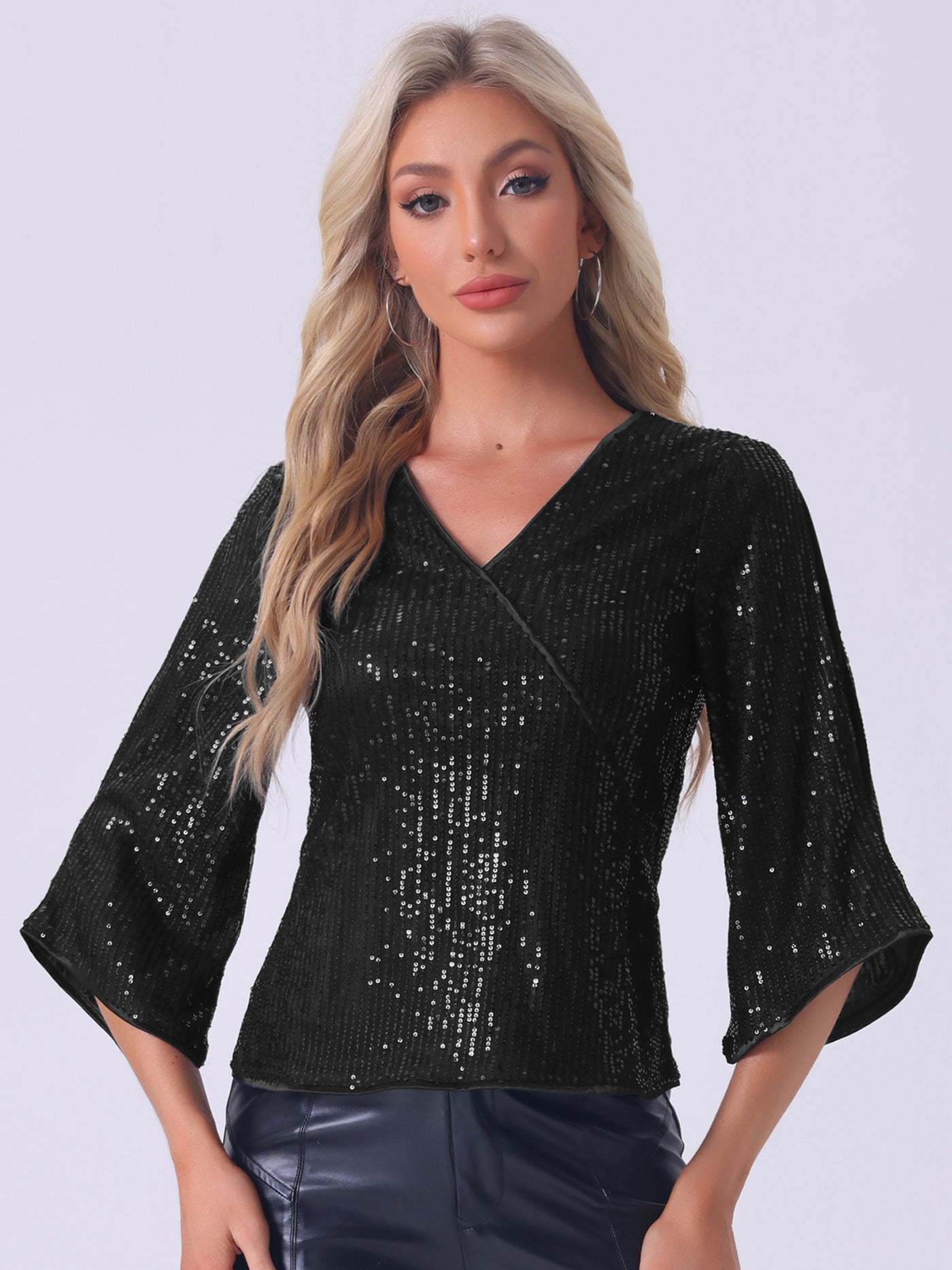 Allegra K Sequin Cut-Out 3/4 Sleeve V Neck Sparkly Blouse