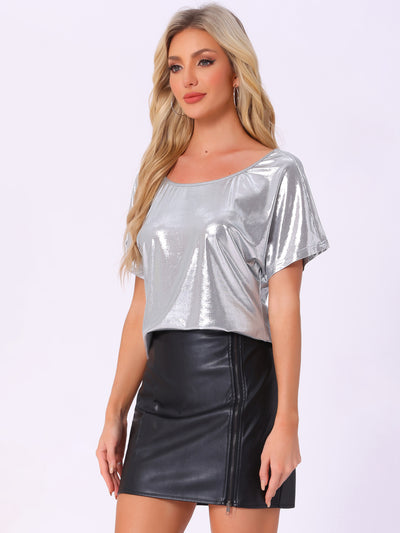 Allegra K Metallic Off Shoulder Short Sleeve Loose Party Sparkly Blouse