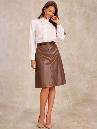 Faux Leather Belted A-Line High Waist Midi Skirt