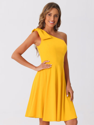 Bow One Shoulder Sleeveless Pockets A-Line Midi Dress