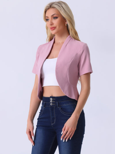 Open Front Short Sleeve Collarless Ruffled Hem Cropped Jacket