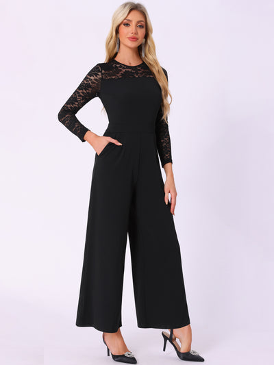 Allegra K Crew Neck Mesh Lace Sleeve Wide Leg Jumpsuit