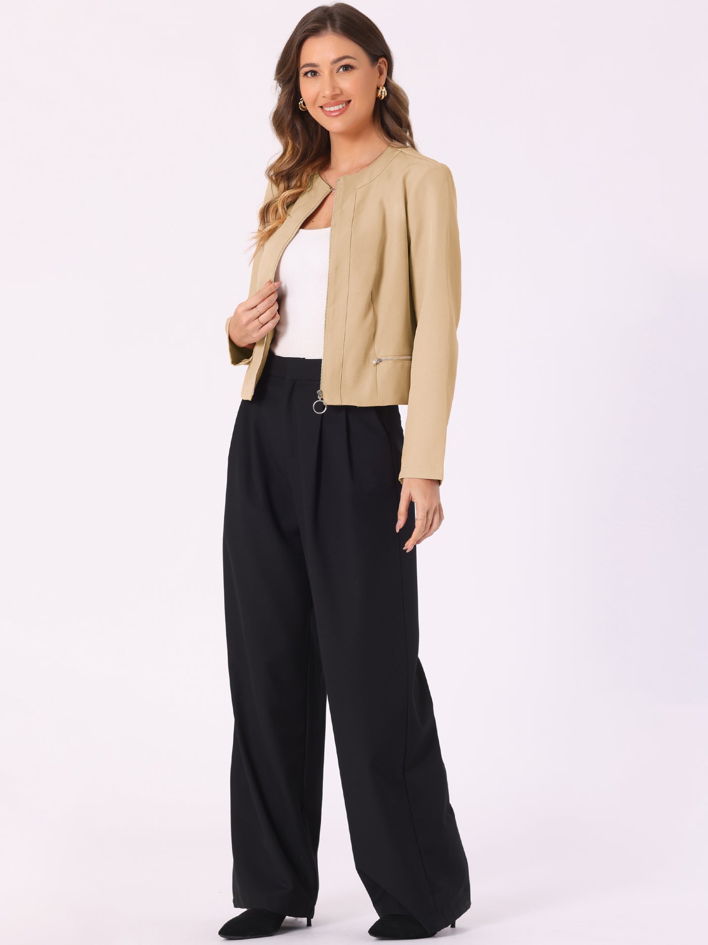 Allegra K Collarless Zipper Up Long Sleeves Cropped Jackets