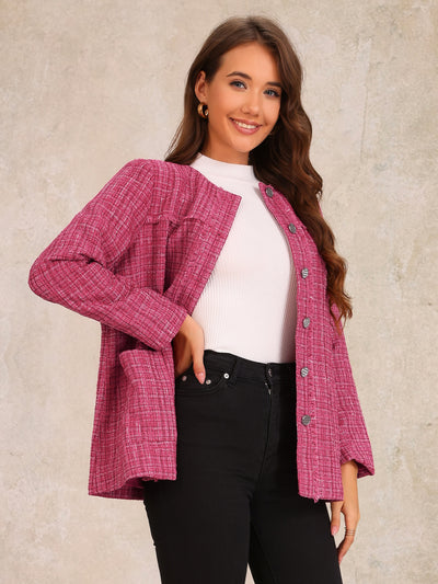 Tweed Plaid Collarless Button Down Pocketed Jacket