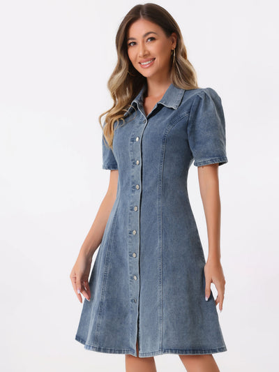 Denim Puff Sleeve Buttton Down Collared A-Line Jean Dress