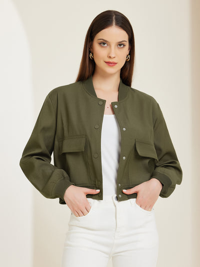 Button Down Stand Collar Long Sleeve Cropped Bomber Jacket