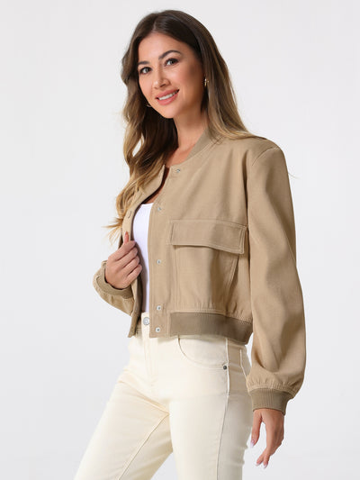 Button Down Stand Collar Long Sleeve Cropped Bomber Jacket