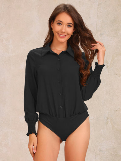 Allegra K Long Sleeves Collared Business Dressy Leotard Shirt Bodysuit