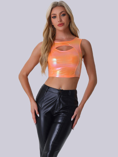 Metallic Shiny Sleeveless Cut Out Party Holographic Crop Top