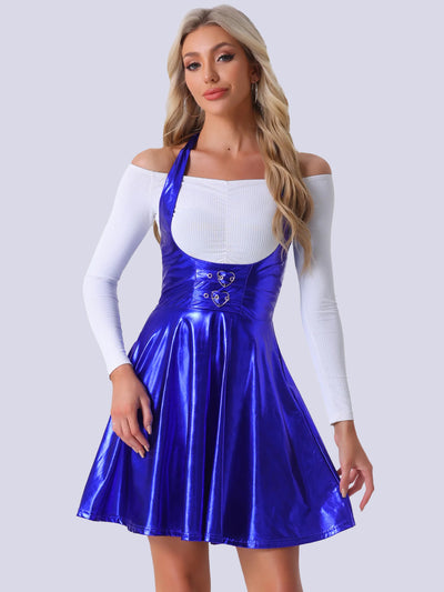 Metallic Overalls High Waist Party A-Line Suspender Skirt