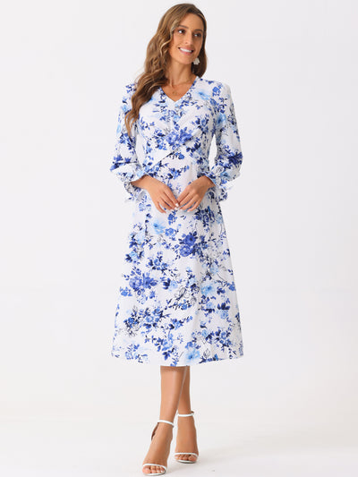 Allegra K Floral V Neck Twist Waist Ruffle Long Sleeve Elegant Midi Dress