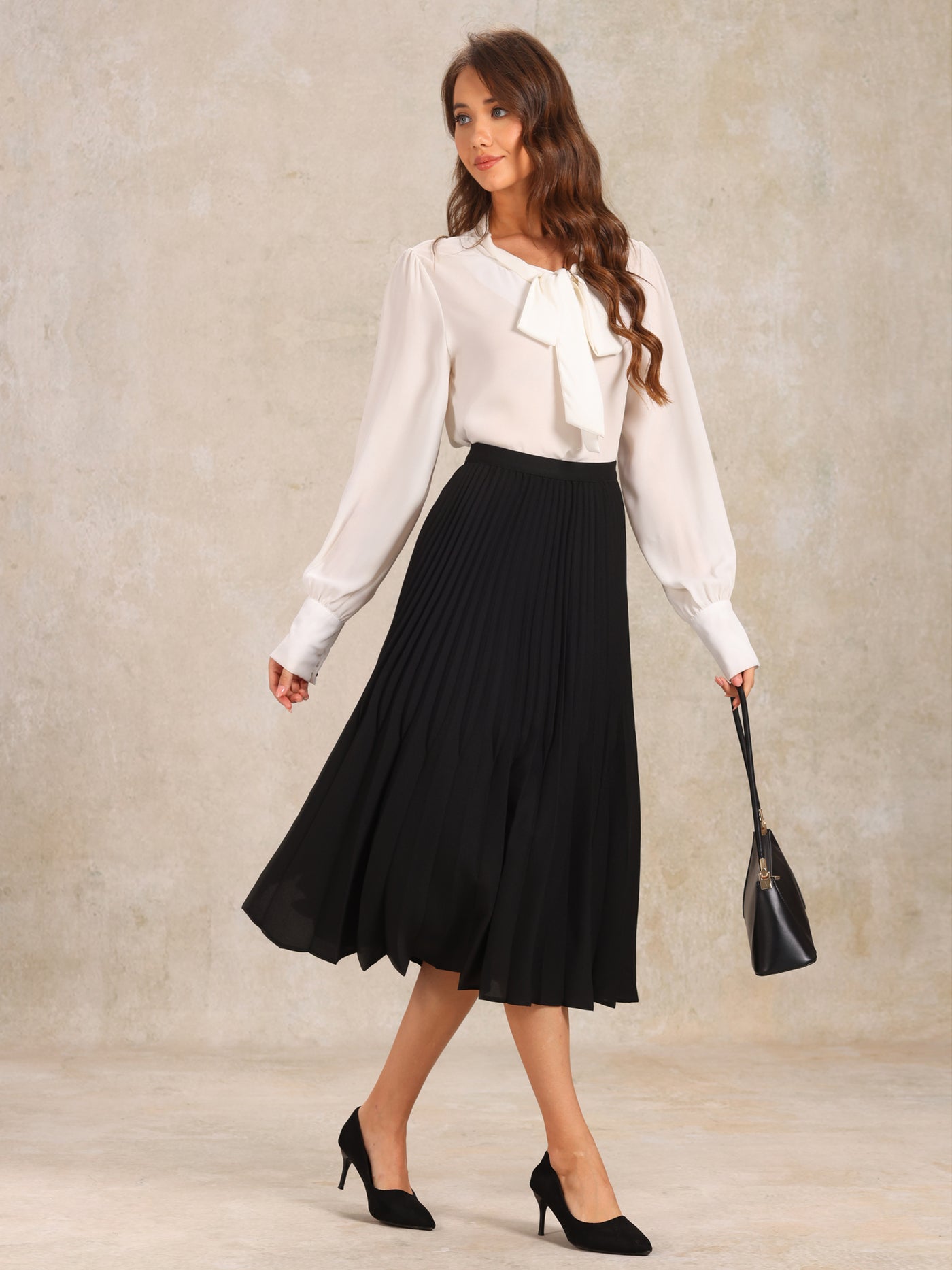 Allegra K Elastic Waist Flowy A-Line Pleated Midi Skirt