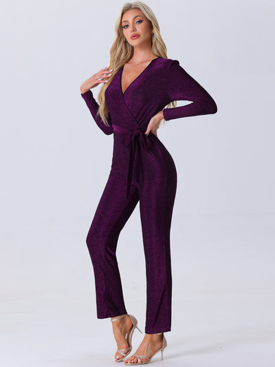 Glitter V Neck Long Sleeves Belted Tie Waist Jumpsuits