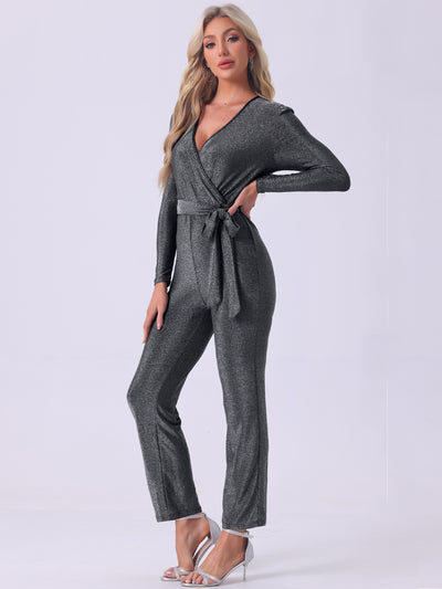 Glitter V Neck Long Sleeves Belted Tie Waist Jumpsuits