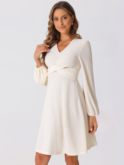 V Neck Criss Cross Long Sleeve Textured A-Line Midi Dress