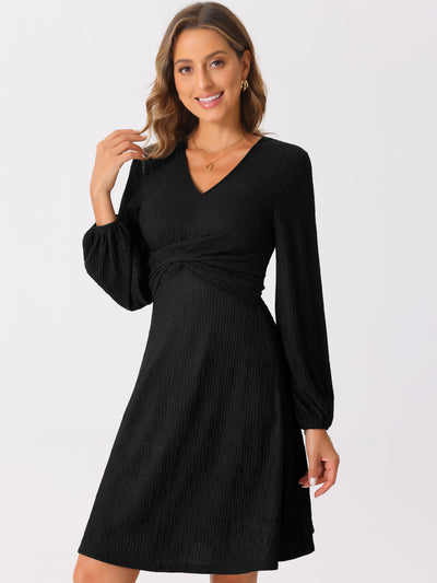 V Neck Criss Cross Long Sleeve Textured A-Line Midi Dress