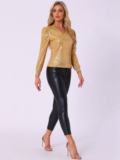 Sequin Top V Neck Party Metallic Sparkly Blouse