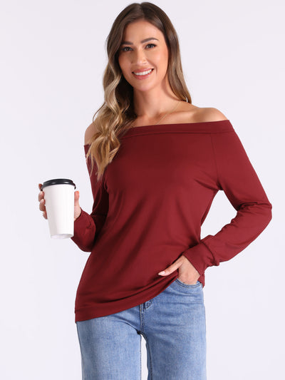 Off Shoulder Stretch Long Sleeve Solid Color Casual Blouse