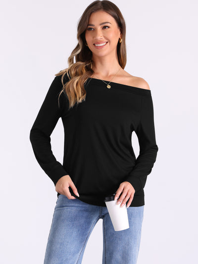 Allegra K Off Shoulder Stretch Long Sleeve Solid Color Casual Blouse