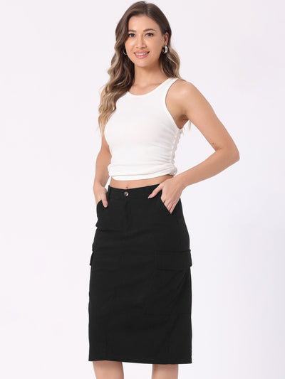 Allegra K High Waisted Elastic Back Corduroy Midi Cargo Skirt