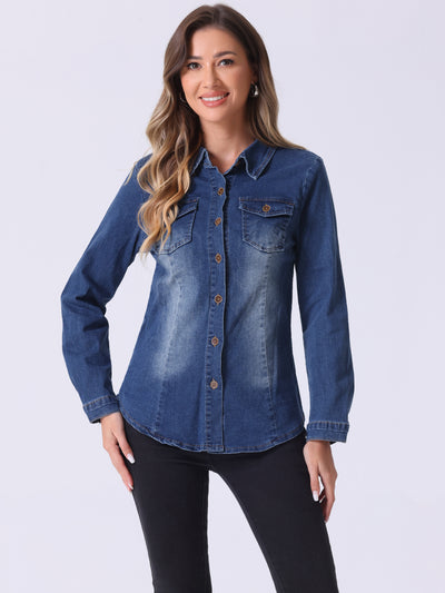 Denim Long Sleeve Button Down Pocket Trendy Jean Shirts