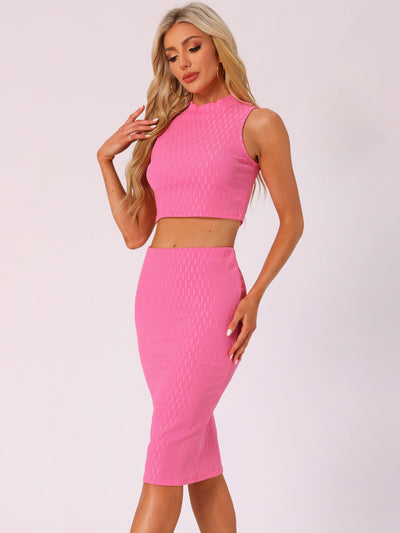 2 Pieces Mock Neck Textured Cropped Tank Top & Midi Pencil Skirt Set