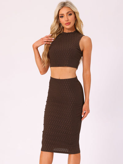 2 Pieces Mock Neck Textured Cropped Tank Top & Midi Pencil Skirt Set