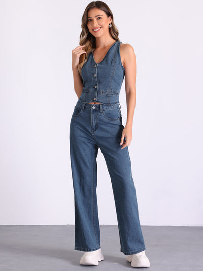 Allegra K 2 Pieces Sleeveless Button V Neck Denim Waistcoat Vest & Wide Leg Jeans Set